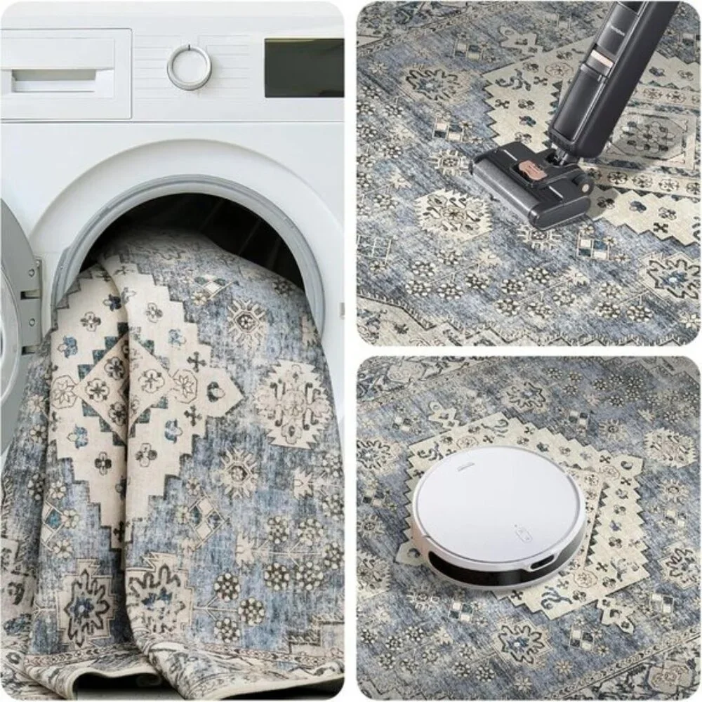New 2x3 Blue Beige Rug, Washable Vintage Low Pile Non-Slip Carpet for Entryway